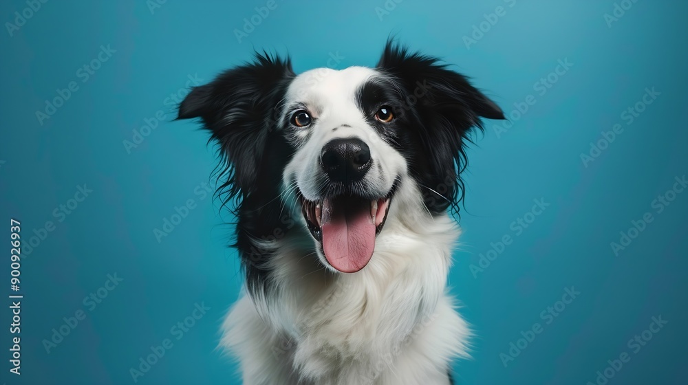 studio portrait of large white and black mixed breed dog with tongue sticking out against a blue background : Generative AI studio portrait of large white and black mixed breed dog with tongue sticking out against a blue background : Generative AI