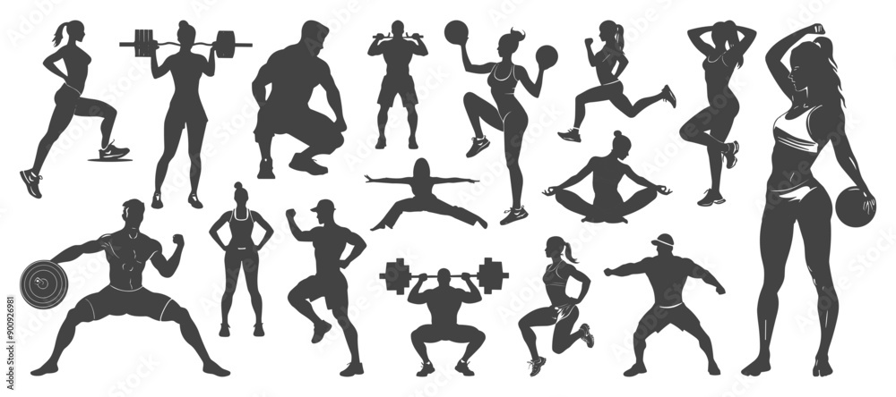 Fitness and gymnastic people dark silhouettes set. Men and women doing different sport activity with and without sport tools. Running lifting weights yoga poses. Isolated vector clipart collection Fitness and gymnastic people dark silhouettes set. Men and women doing different sport activity with and without sport tools. Running lifting weights yoga poses. Isolated vector clipart collection