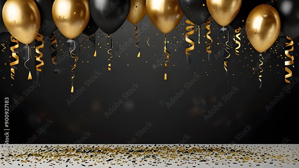 gold black balloon confetti background for graduation birthday happy