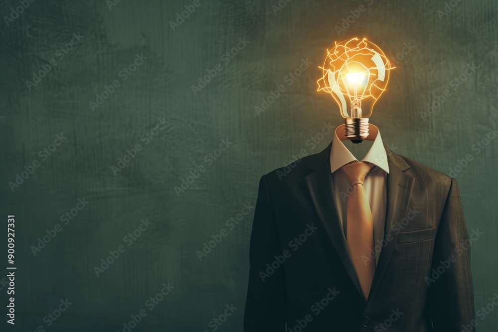 Young Businessman in Suit with Lightbulb Moment, Standing Confidently with Glowing Idea Bulb Above Head Young Businessman in Suit with Lightbulb Moment, Standing Confidently with Glowing Idea Bulb Above Head