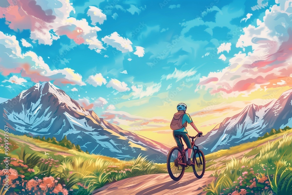 Fototapeta premium Mountain Biking on Rugged Trail with Anime Style Character