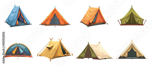 Hiking and camping tent set. Triangle and dome. Touristic equipment. Holidays and adventure tourism element for outdoor activities design. Isolated vector clipart collection
