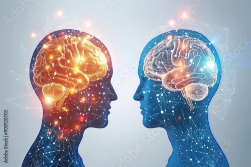 Wallpaper Mural Digital rendering of two heads with glowing brains symbolizing cognitive processes and communication in a vibrant and futuristic style Torontodigital.ca