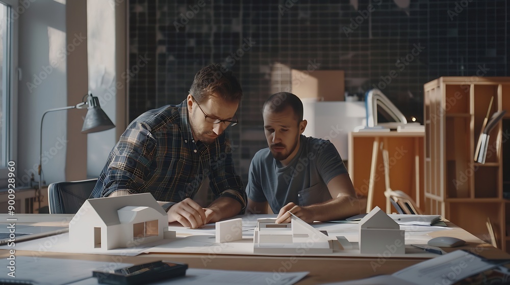 Two architects and engineers are in a meeting to discuss house designs according to building and construction standards before presenting them to clients Interior design and decoration : Generative AI Two architects and engineers are in a meeting to discuss house designs according to building and construction standards before presenting them to clients Interior design and decoration : Generative AI