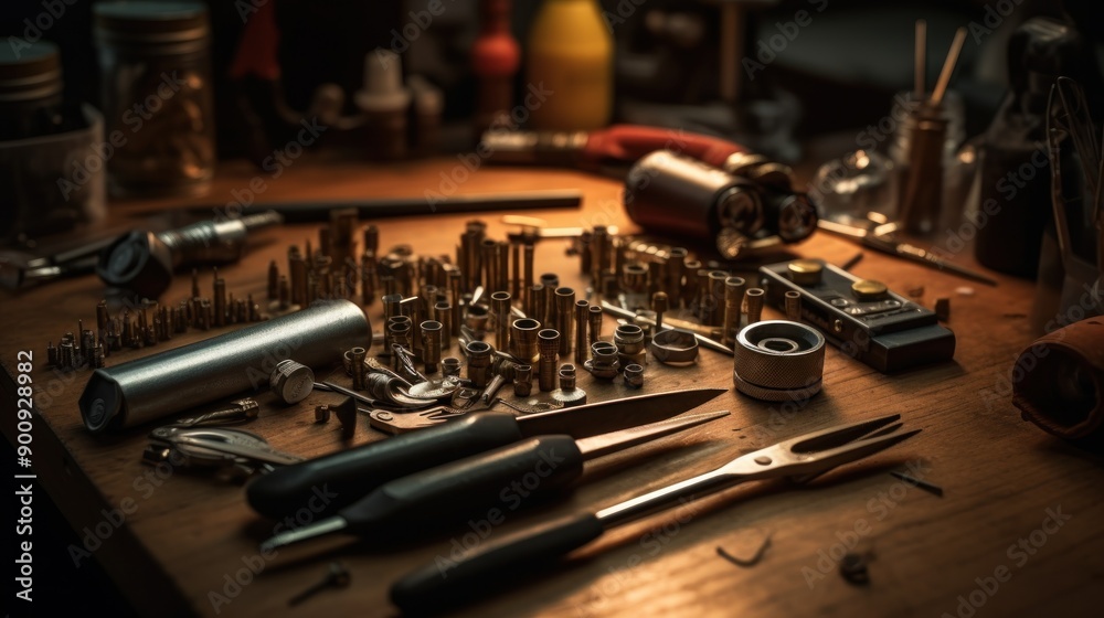 Naklejka premium Tools and Hardware on a Workshop Table