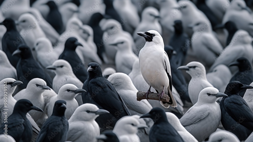 Obraz premium White Bird Among Black and White Birds