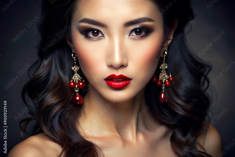 Fototapeta premium Beautiful Asian Woman with Red Lips and Long Black Hair.