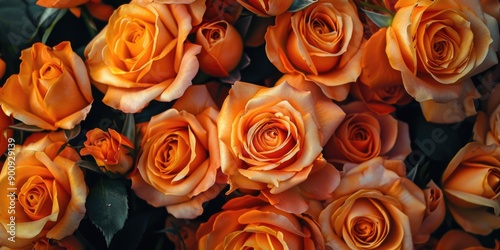 A bouquet of bright orange roses surrounded by green leaves