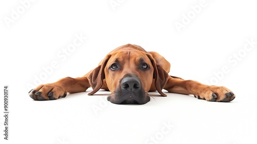 Handsome male Rhodesian Ridgeback dog laying down side ways with head and paws over edge Looking straight towards camera Isolated on a white background : Generative AI