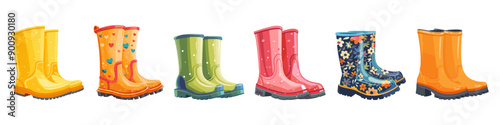 Rubber boots for rain set. Autumn fall foot wear. Fashion gumboots. View from the side. Plain and with hearts and flower design. Isolated cartoon style vector clipart collection