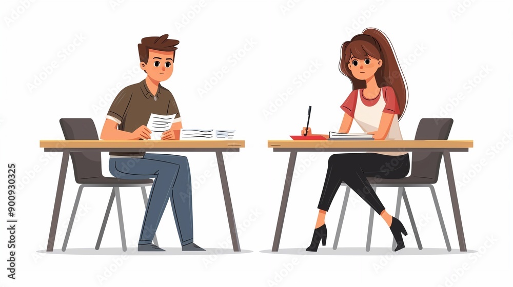 two young professional man and woman in an office setting, sitting at desks and working with papers on the desk. vector flat illustration, white background, simple design. two young professional man and woman in an office setting, sitting at desks and working with papers on the desk. vector flat illustration, white background, simple design.