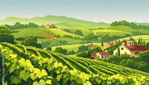 Rural vineyards with vine hills landscape. Winery village in the background. Peaceful natural agriculture landscape. Cartoon vector illustration