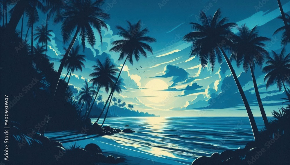 Fototapeta premium tropical island with palm tree in blue series