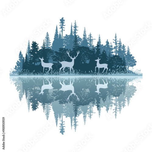 Forest reflected in water, wild lake, deer in the forest, isolated on a white background 