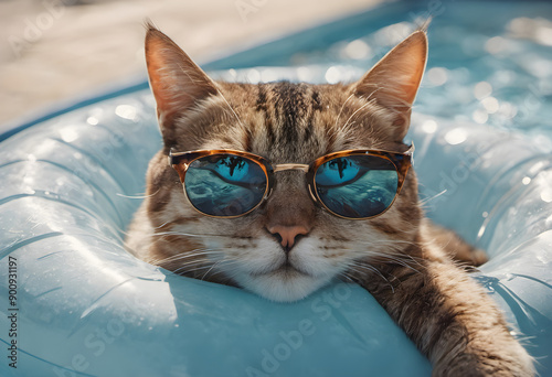 A cat wearing sunglasses is relaxing on a inflatable float with the hotel swimming pool in the background