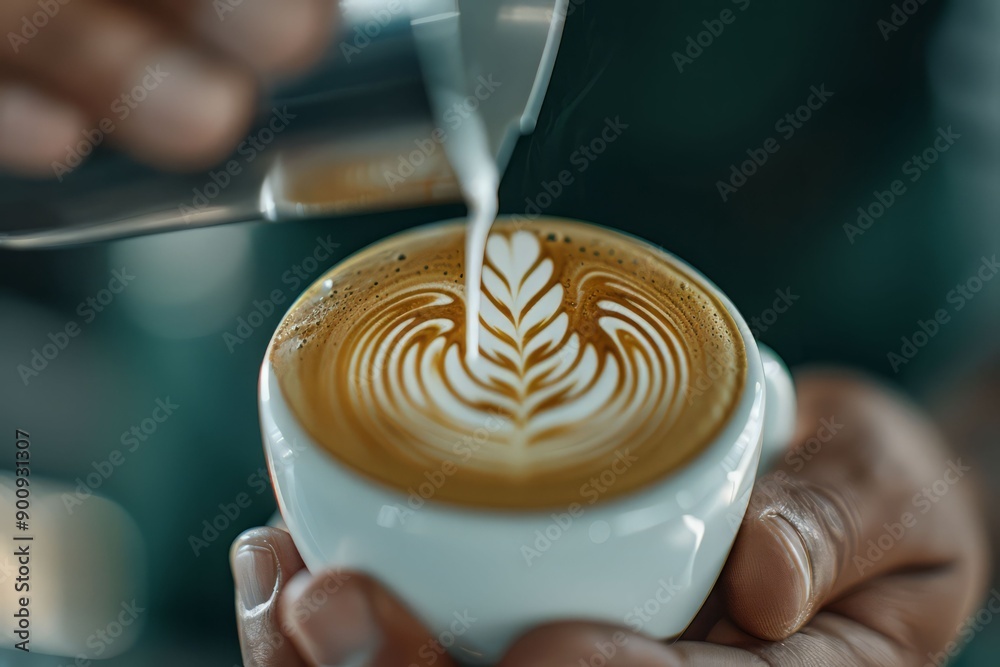 Close-up of a hand pouring milk into a coffee cup, creating an intricate latte art design on the surface. Close-up of a hand pouring milk into a coffee cup, creating an intricate latte art design on the surface.