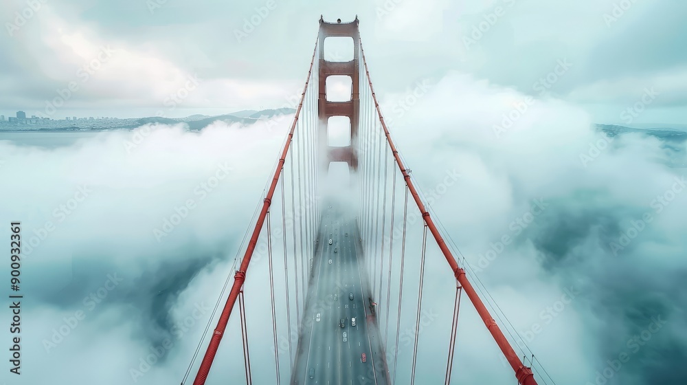 Fototapeta premium Ethereal Fog Blanketing the Golden Gate Bridge in San Francisco's Iconic Aerial View, Generative Ai