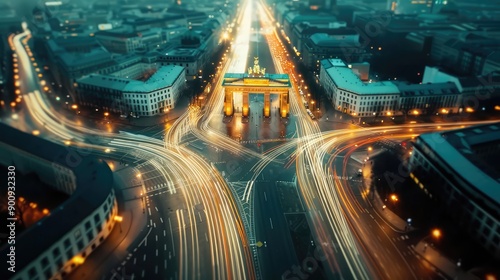 Glowing Berlin Brandenburg Gate: Iconic Night View of Illuminated Historical Landmark, Generative Ai