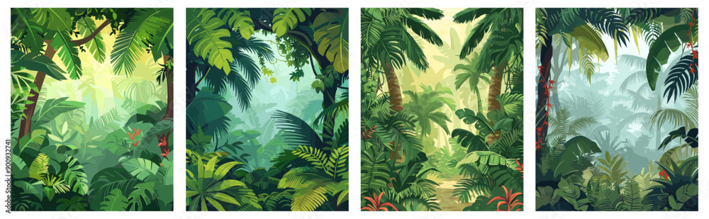 Tropical rainforest vertical posters set. Palm leaves exotic plants. Trees and vines in the foreground. Nature protection ecology and tavel concept design. Flat cartoon style vector collection Tropical rainforest vertical posters set. Palm leaves exotic plants. Trees and vines in the foreground. Nature protection ecology and tavel concept design. Flat cartoon style vector collection