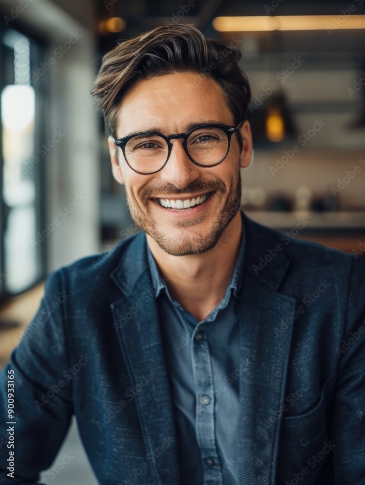 A happy man wearing glasses and a blue shirt, great for portraits or everyday scenes A happy man wearing glasses and a blue shirt, great for portraits or everyday scenes