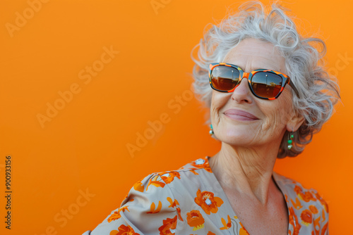 Happy smiling senior woman wearing sunglasses, orange solid colorful background, image with space for text / Femme âgée souriante et heureuse avec lunettes de soleil, fond orange, espace pour le texte photo