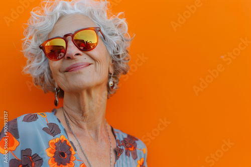 Happy smiling senior woman wearing sunglasses, orange solid colorful background, image with space for text / Femme âgée souriante et heureuse avec lunettes de soleil, fond orange, espace pour le texte