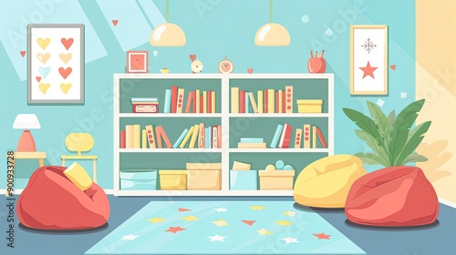 Cozy interior space with bean bags bookshelves and colorful accents