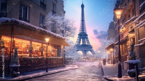 Fototapeta Naklejka Na Ścianę i Meble -  Snowy Parisian Street with Eiffel Tower