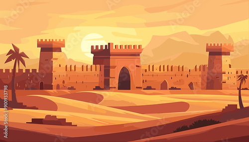 View of an ancient Arabian city wall background. fortress and the desert landscape with the sun setting in the background. Sandy hills. Yellow brown and orange colors. Cartoon vector style