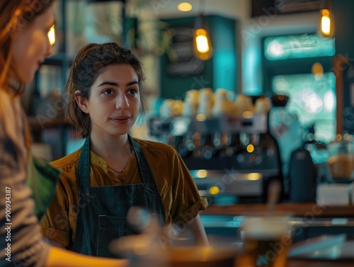 Two women having a conversation at a bar, possibly friends or colleagues