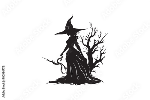 witch silhouette illustration. Halloween witch silhouette. A Silhouette of Witch with Broom.