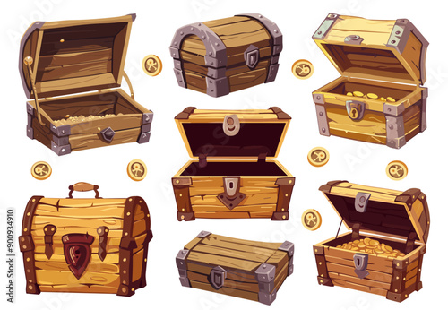 Wooden chest for gold set with opened and closed lid. Pirate treasure old box full of shining golden coins and empty. Isolated vector clipart collection