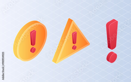 Isometric exclamation marks. Set caution, alert on white background
