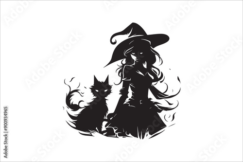 witch silhouette illustration. Halloween witch silhouette. A Silhouette of Witch with Broom.