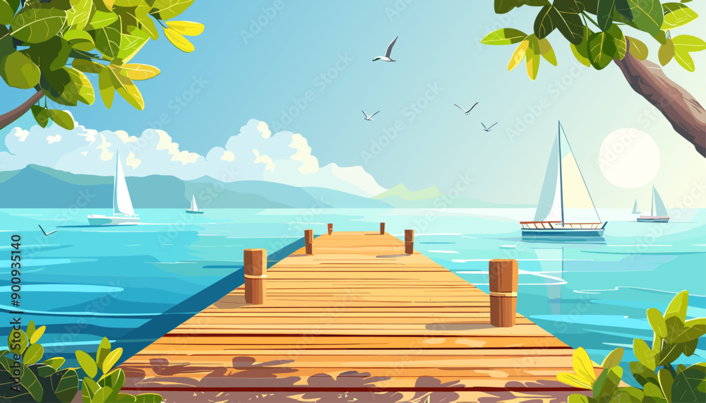 Wooden dock with ocean view background. Sunny day with clear blue sky calm sea and yachts in the background. Beach wooden pier. Leaves of green trees in front. Cartoon vector illustration