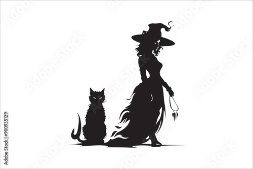  witch silhouette illustration. Halloween witch silhouette. A Silhouette of Witch with Broom.