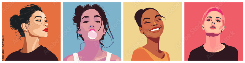 Young beautiful woman portraits square posters set. Different hairstyles and skin color. Cheeky funny modern teenager girls. Youth generation. Minimalism cartoon vector style Young beautiful woman portraits square posters set. Different hairstyles and skin color. Cheeky funny modern teenager girls. Youth generation. Minimalism cartoon vector style