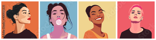 Young beautiful woman portraits square posters set. Different hairstyles and skin color. Cheeky funny modern teenager girls. Youth generation. Minimalism cartoon vector style