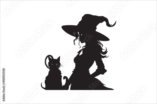 witch silhouette illustration. Halloween witch silhouette. A Silhouette of Witch with Broom.