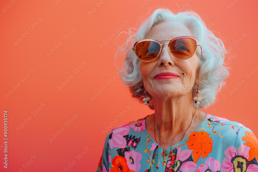 Happy smiling senior woman wearing sunglasses, orange solid colorful background, image with space for text / Femme âgée souriante et heureuse avec lunettes de soleil, fond orange, espace pour le texte Happy smiling senior woman wearing sunglasses, orange solid colorful background, image with space for text / Femme âgée souriante et heureuse avec lunettes de soleil, fond orange, espace pour le texte