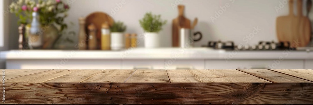 Rustic wooden tabletop in foreground with blurred kitchen background showcasing shelves adorned with plants, kitchenware, and cooking essentials, creating a warm, homey atmosphere. Rustic wooden tabletop in foreground with blurred kitchen background showcasing shelves adorned with plants, kitchenware, and cooking essentials, creating a warm, homey atmosphere.