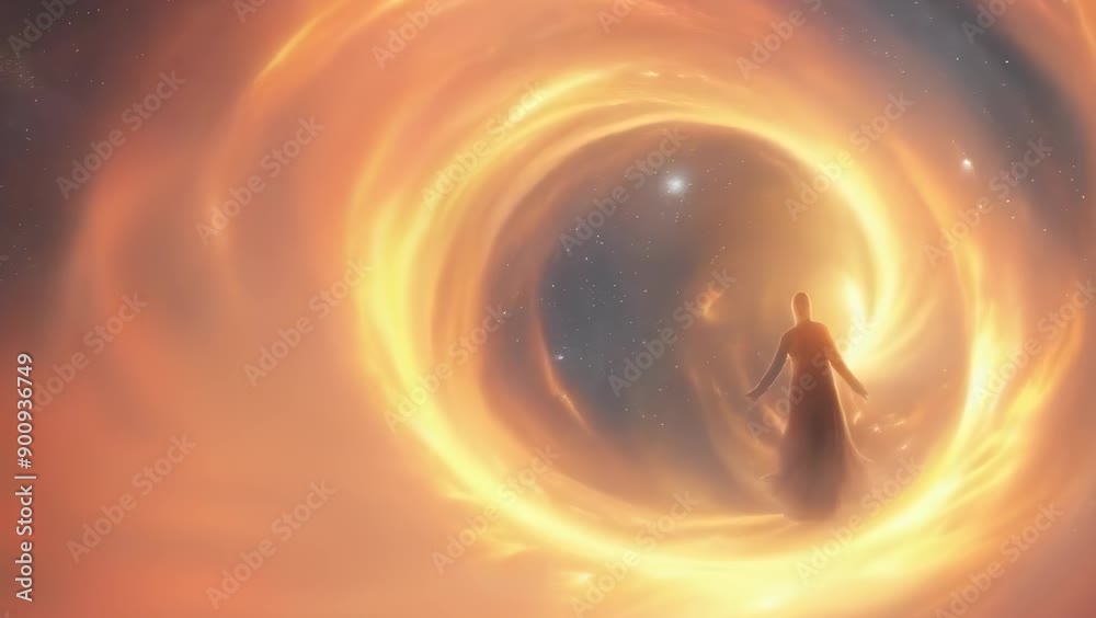 A person in a dark robe stands near a swirling, fiery vortex in space, reaching out with one hand. The scene conveys a mystical, otherworldly atmosphere with a cosmic backdrop. The figure's gender A person in a dark robe stands near a swirling, fiery vortex in space, reaching out with one hand. The scene conveys a mystical, otherworldly atmosphere with a cosmic backdrop. The figure's gender
