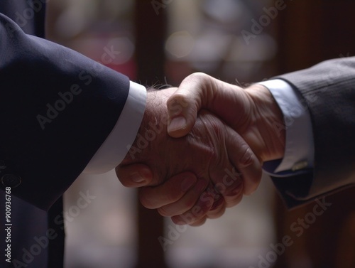 Two professionals shaking hands in a business setting, representing a deal or agreement photo