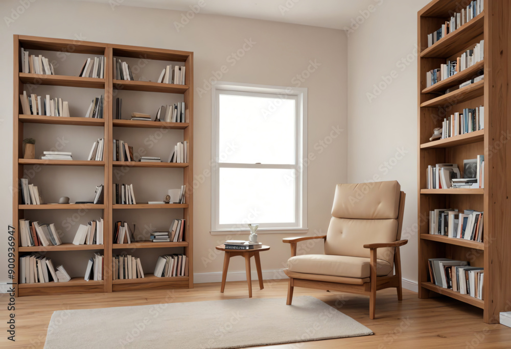 house room interior furniture with copy space, simple background, with book shelves and arm chair house room interior furniture with copy space, simple background, with book shelves and arm chair