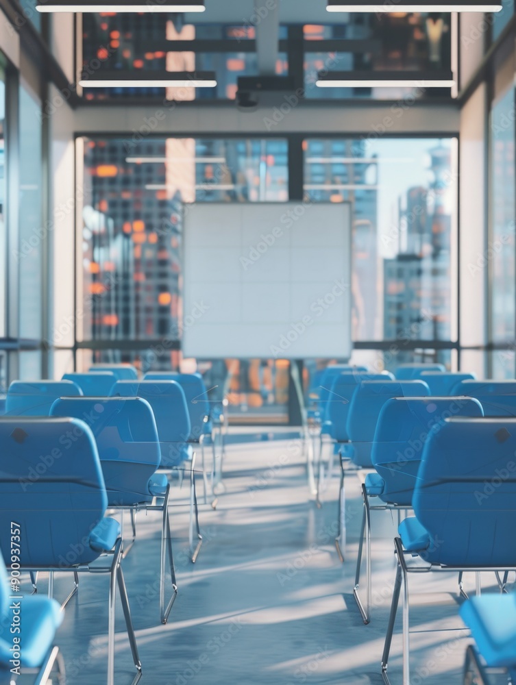 Fototapeta premium A modern office room with blue chairs and a white board, suitable for educational or corporate settings