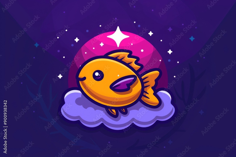 Cute Cartoon Fish Flying on a Cloud in a Night Sky