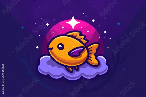 Wallpaper Mural Cute Cartoon Fish Flying on a Cloud in a Night Sky Torontodigital.ca