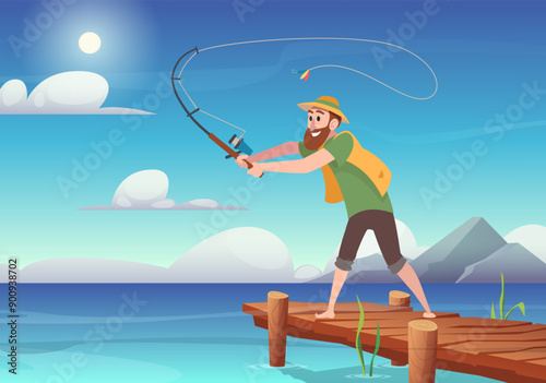 fisherman. character with fisher rod fishing on the river. vector cartoon outdoor background