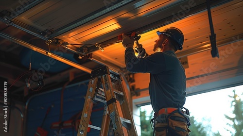 A skilled handyman using a power tool to install a garage door opener while standing on a ladder in a well-lit garage.
