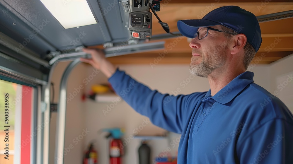 A technician repairs a garage door opener, showcasing skill and expertise in home maintenance and repair tasks.